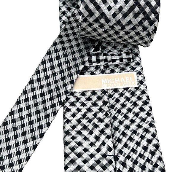 Michael Kors Gingham Check Silver Black Extra Long 100% Silk Tie - Picture 3 of 5